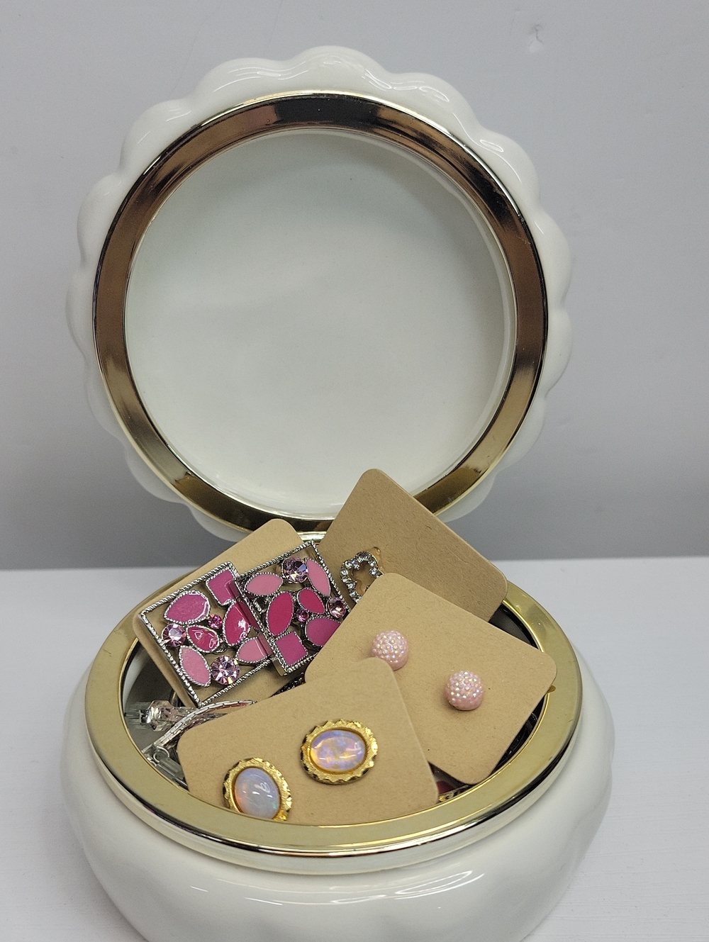 Gold-Trim White Trinketbox with Earrings